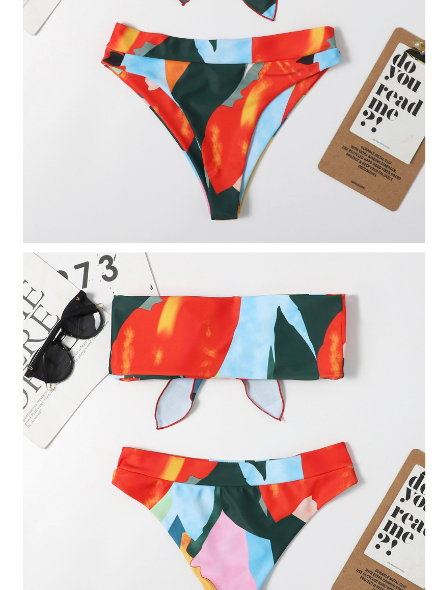 Fashion Orange Tube Top High Waist Printed Knotted Contrast Color Split Swimsuit,Bikini Sets