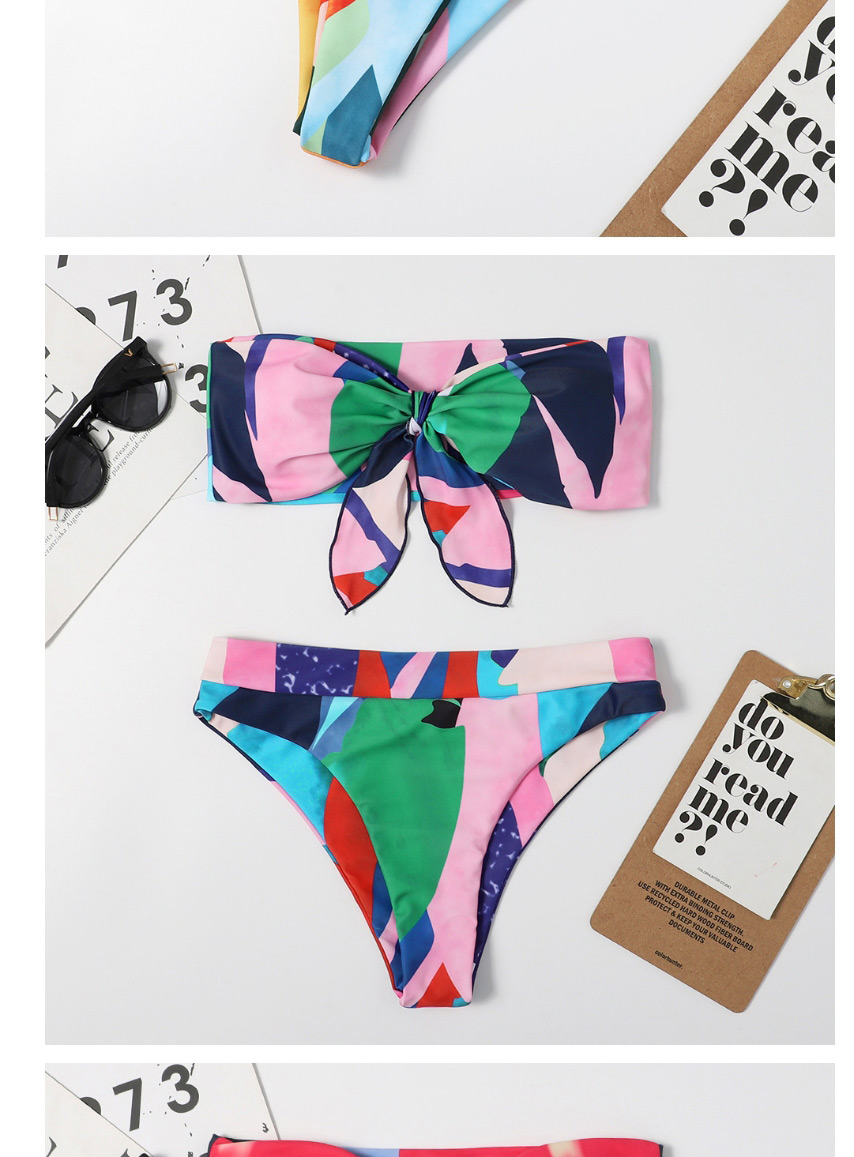 Fashion Green Tube Top High Waist Printed Knotted Contrast Color Split Swimsuit,Bikini Sets