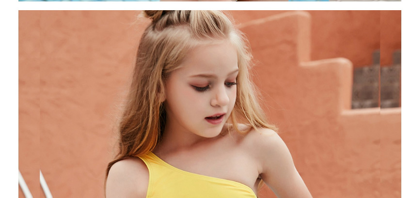 Fashion Yellow Solid Color One-shoulder Childrens Split Swimsuit,Kids Swimwear