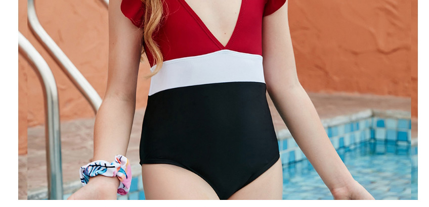 Fashion Color Mixing Stitching Contrast Color Ruffled Childrens One-piece Swimsuit,Kids Swimwear
