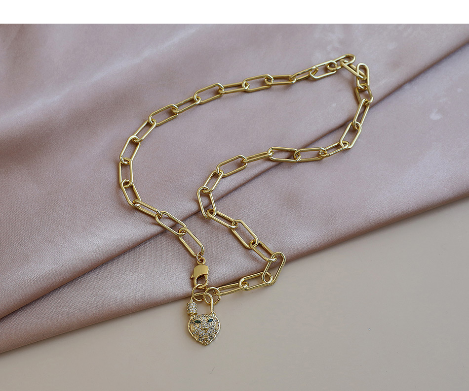 Fashion Golden Copper Inlaid Zircon Thick Chain Love Leopard Head Necklace,Necklaces