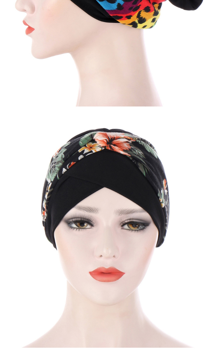 Fashion Black+flowers Printed Contrast Color Knotted Turban Hat,Beanies&Others