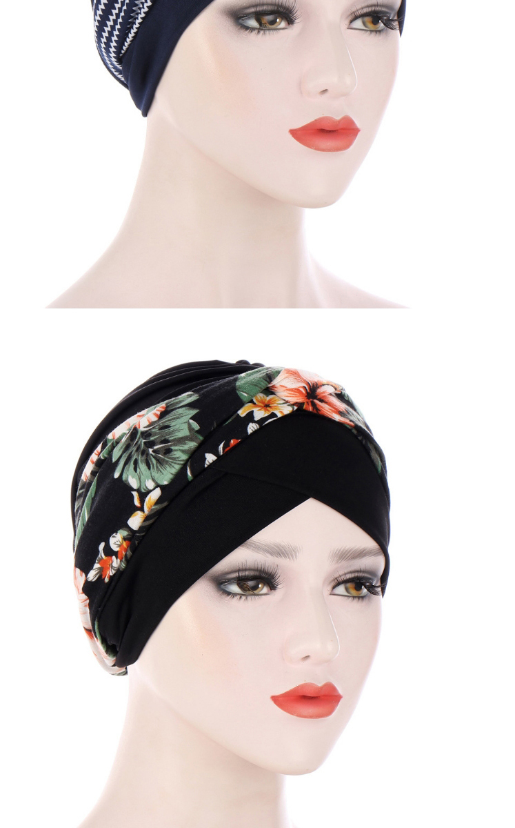 Fashion Black+flowers Printed Contrast Color Knotted Turban Hat,Beanies&Others