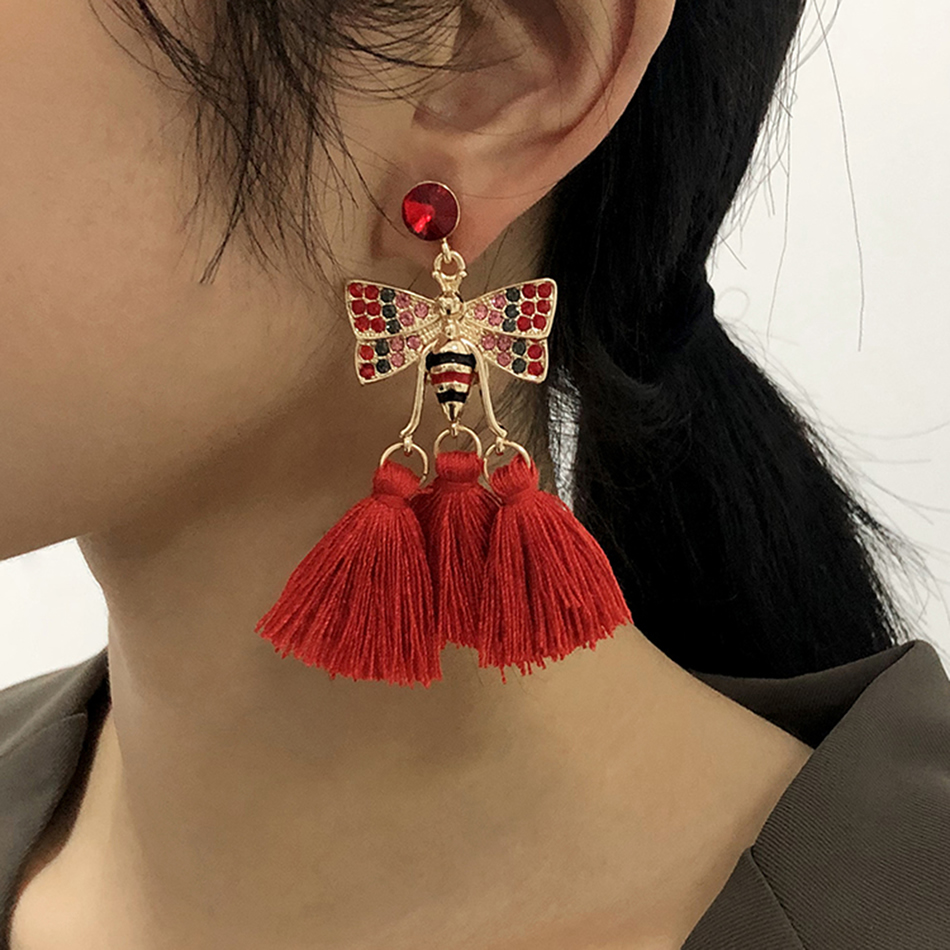 Fashion Red Alloy Diamond Bee Tassel Earrings,Drop Earrings