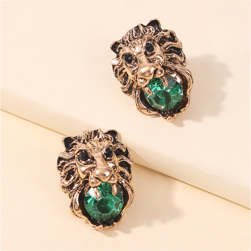 Fashion Green Alloy Pearl Lion Head Stud Earrings,Stud Earrings