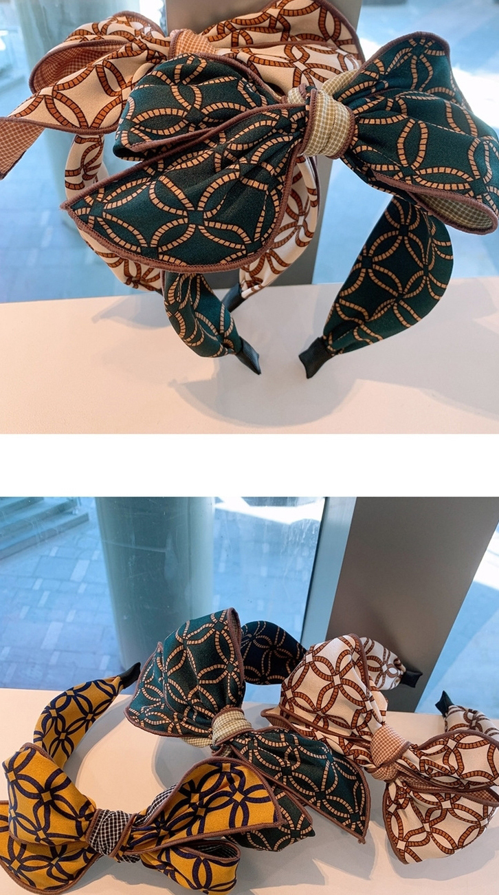 Fashion Vintage Green Color-blocking Chain Check Large Bow Broad-sided Hair Band,Head Band