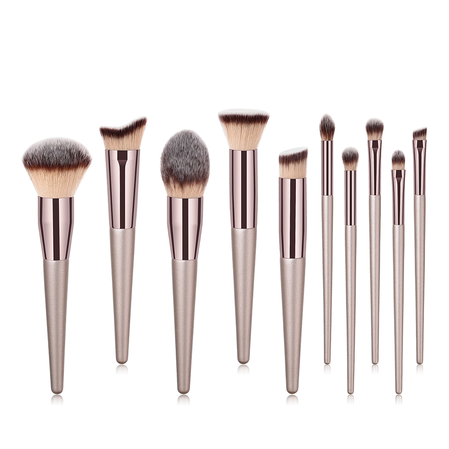 Fashion Champagne Gold Set Of 10 Nylon Hair Makeup Brushes With Wooden Handle,Beauty tools