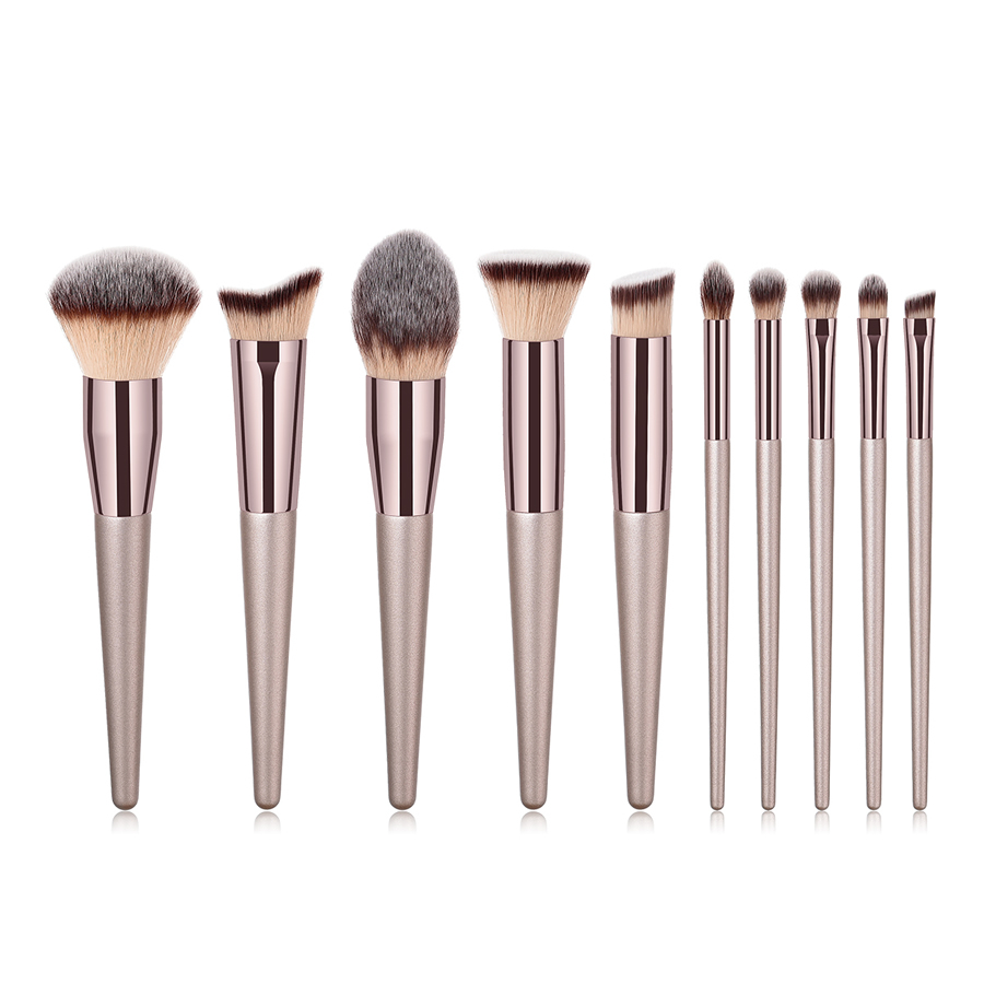 Fashion Champagne Gold Set Of 10 Nylon Hair Makeup Brushes With Wooden Handle,Beauty tools