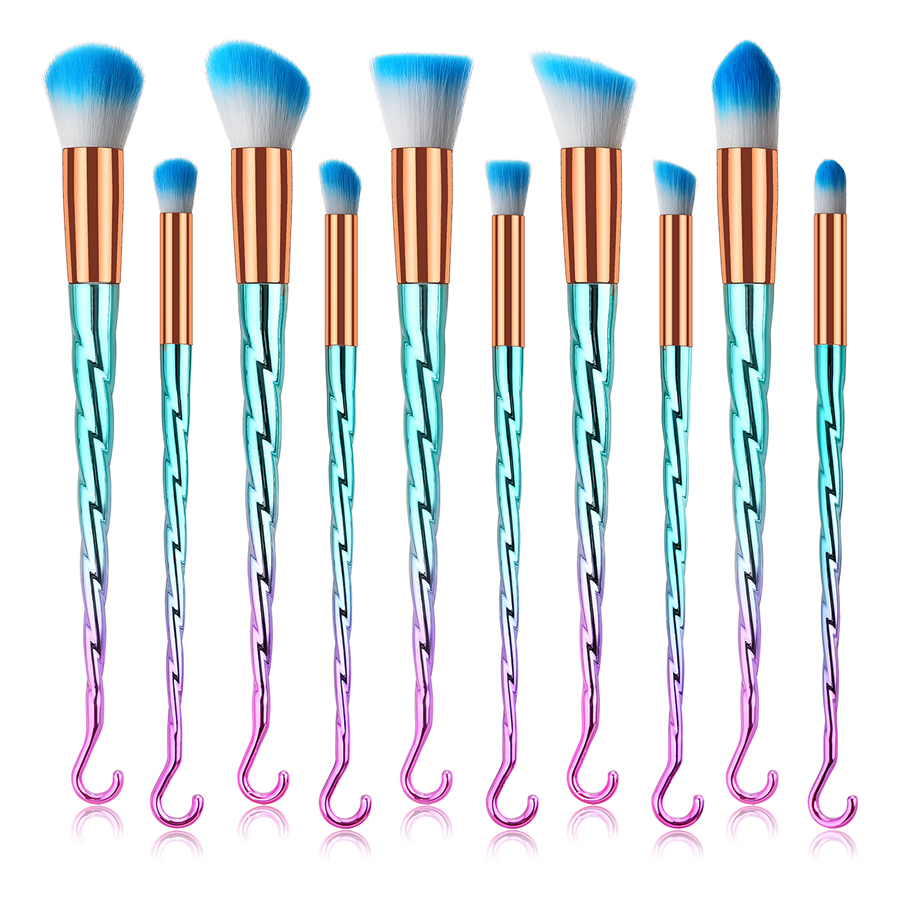 Fashion Pink Green Gradient Set Of 10 Nylon Hair Makeup Brushes With Threaded Hook Rubber Handle,Beauty tools