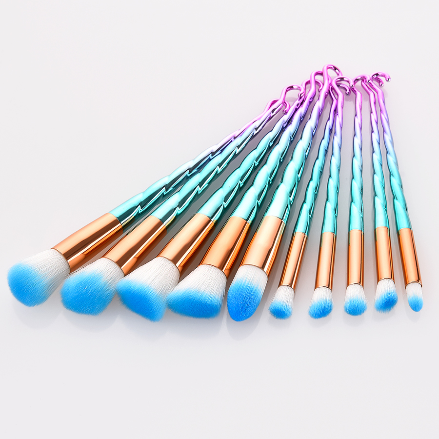 Fashion Pink Green Gradient Set Of 10 Nylon Hair Makeup Brushes With Threaded Hook Rubber Handle,Beauty tools