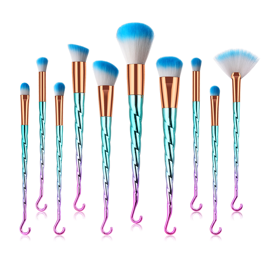 Fashion Pink Green Gradient Set Of 10 Small Fan-shaped Makeup Brushes With Threaded Hook And Rubber Handle Nylon Hair,Beauty tools