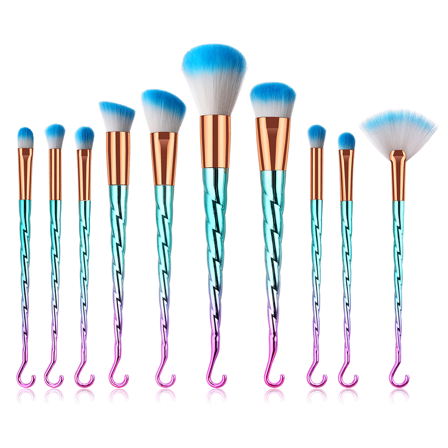 Fashion Pink Green Gradient Set Of 10 Small Fan-shaped Makeup Brushes With Threaded Hook And Rubber Handle Nylon Hair,Beauty tools