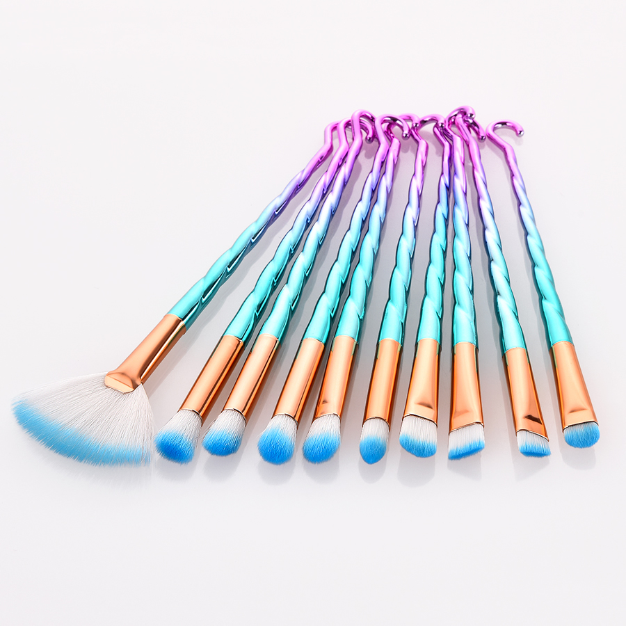 Fashion Pink Green Gradient Set Of 10 Nylon Hair Eye Makeup Brushes With Threaded Glue Handle,Beauty tools