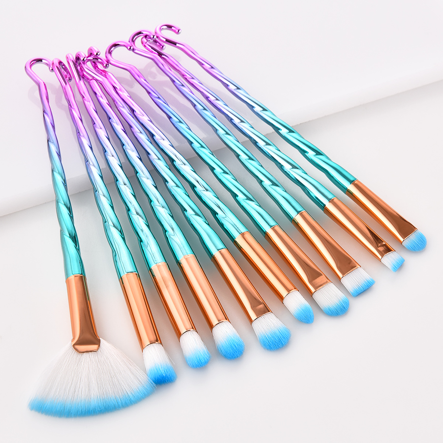 Fashion Pink Green Gradient Set Of 10 Nylon Hair Eye Makeup Brushes With Threaded Glue Handle,Beauty tools