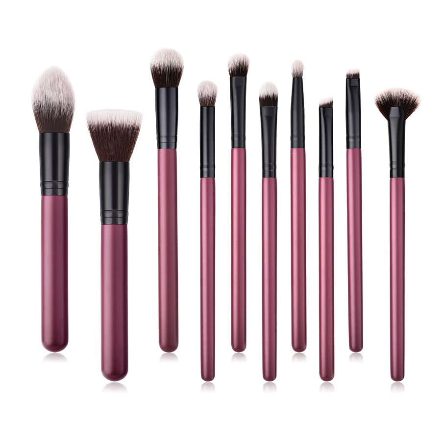 Fashion Maroon Set Of 10 Nylon Hair Makeup Brushes With Wooden Handle,Beauty tools