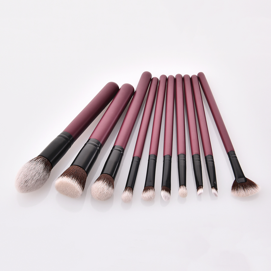 Fashion Maroon Set Of 10 Nylon Hair Makeup Brushes With Wooden Handle,Beauty tools
