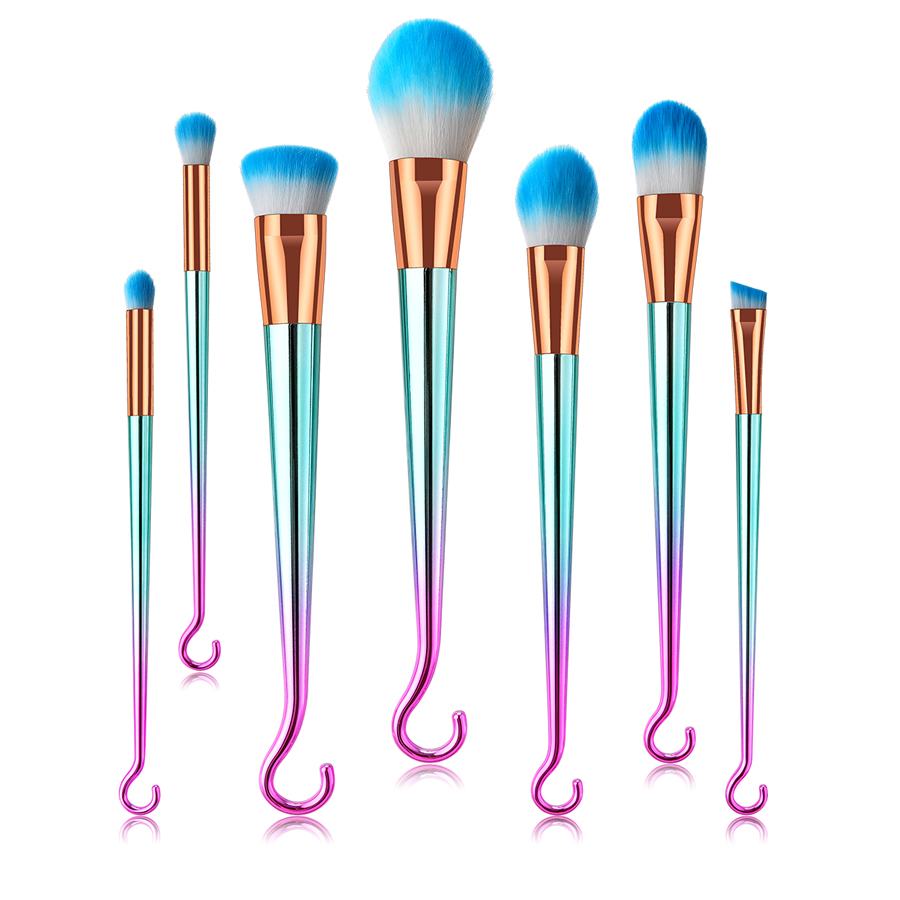 Fashion Pink Green Gradient 7pcs Round Hook Aluminum Tube Nylon Hair Makeup Brush Set,Beauty tools