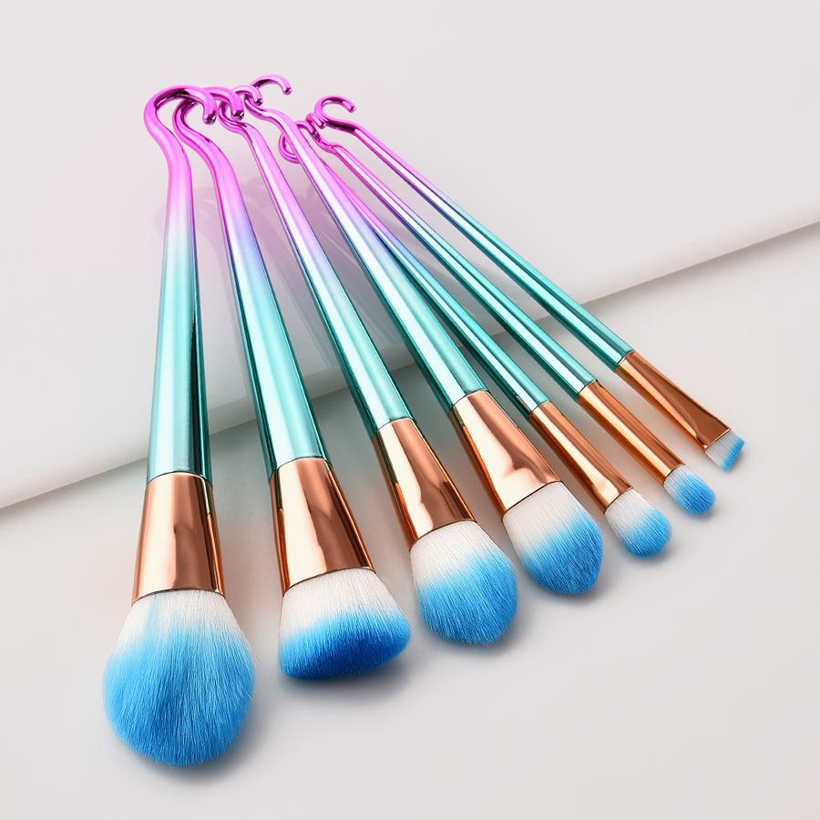 Fashion Pink Green Gradient 7pcs Round Hook Aluminum Tube Nylon Hair Makeup Brush Set,Beauty tools