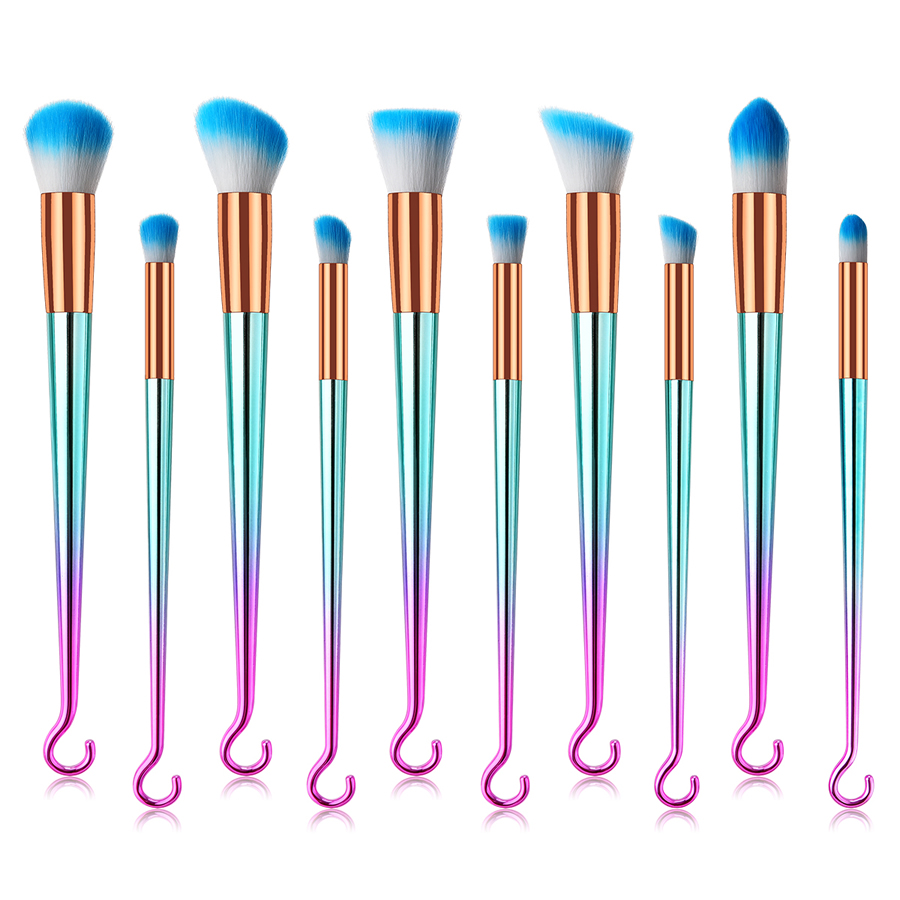 Fashion Pink Green Gradient Set Of 10 Round Hook Aluminum Tube Nylon Hair Makeup Brushes,Beauty tools