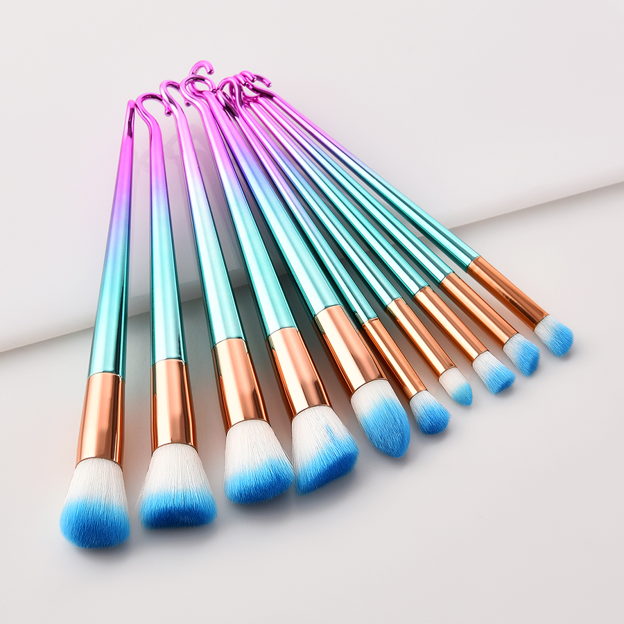 Fashion Pink Green Gradient Set Of 10 Round Hook Aluminum Tube Nylon Hair Makeup Brushes,Beauty tools