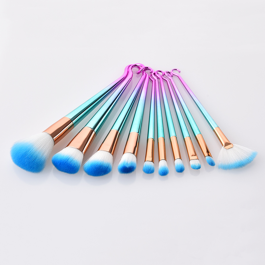 Fashion Pink Green Gradient Set Of 10 Round Hook Small Fan-shaped Aluminum Tube Nylon Hair Makeup Brushes,Beauty tools