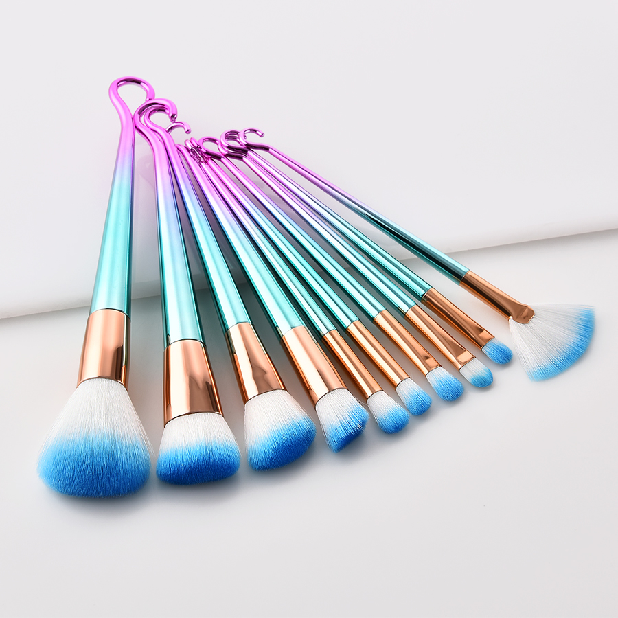 Fashion Pink Green Gradient Set Of 10 Round Hook Small Fan-shaped Aluminum Tube Nylon Hair Makeup Brushes,Beauty tools