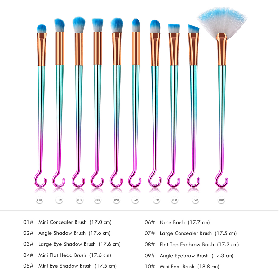 Fashion Pink Green Gradient Set Of 10 Round Hook Aluminum Tube Nylon Hair Eye Makeup Brushes,Beauty tools