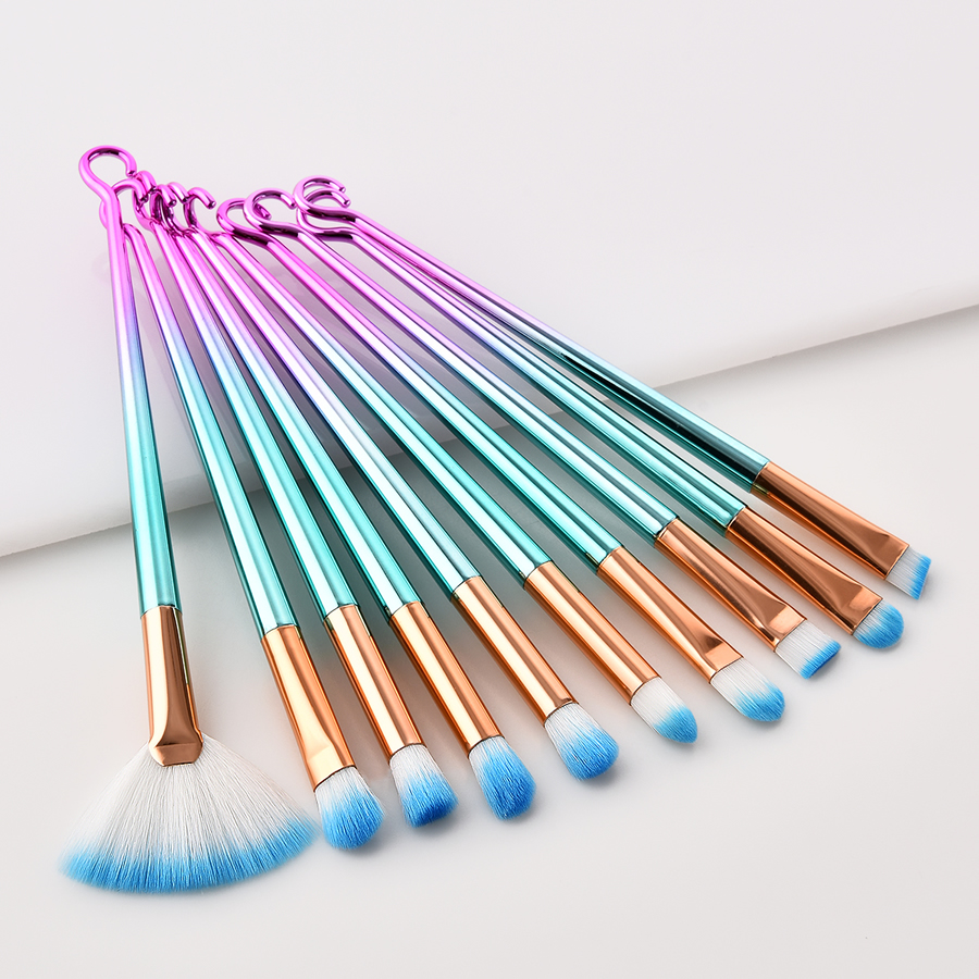 Fashion Pink Green Gradient Set Of 10 Round Hook Aluminum Tube Nylon Hair Eye Makeup Brushes,Beauty tools