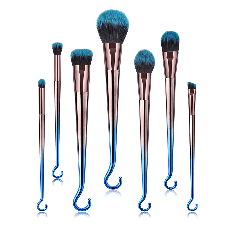 Fashion Blue-black Gradient 7pcs Round Hook Aluminum Tube Nylon Hair Makeup Brush Set,Beauty tools