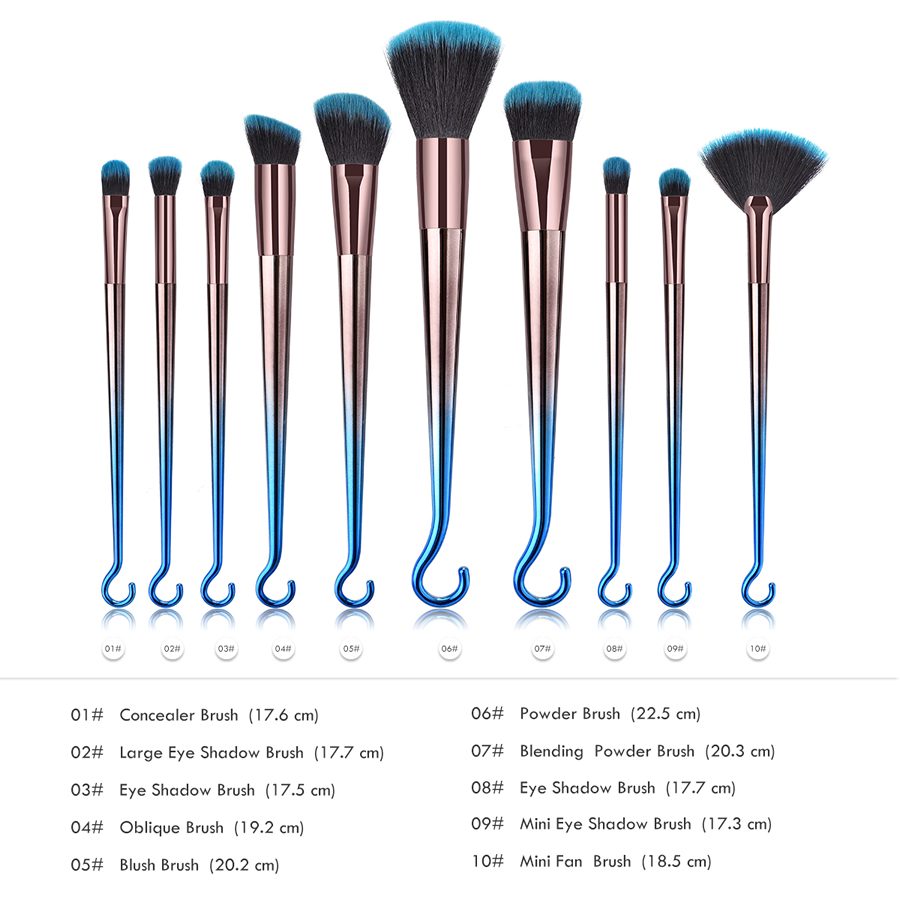 Fashion Blue-black Gradient Set Of 10 Round Hook Aluminum Tube Nylon Hair Small Fan-shaped Makeup Brushes,Beauty tools