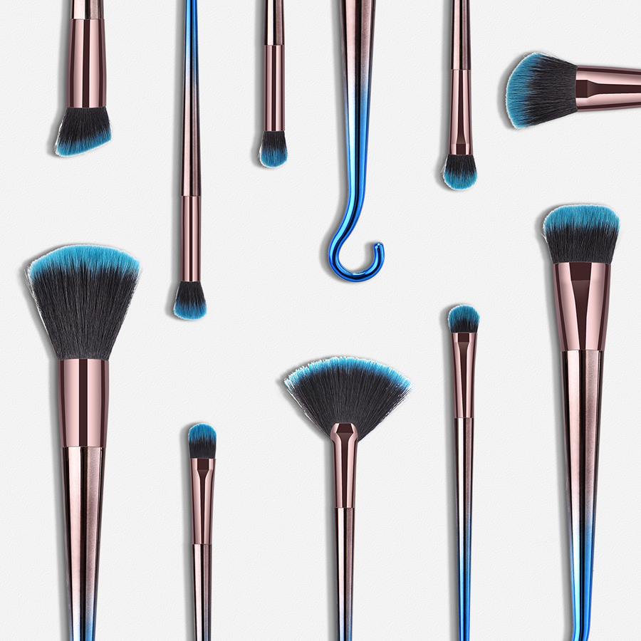 Fashion Blue-black Gradient Set Of 10 Round Hook Aluminum Tube Nylon Hair Small Fan-shaped Makeup Brushes,Beauty tools