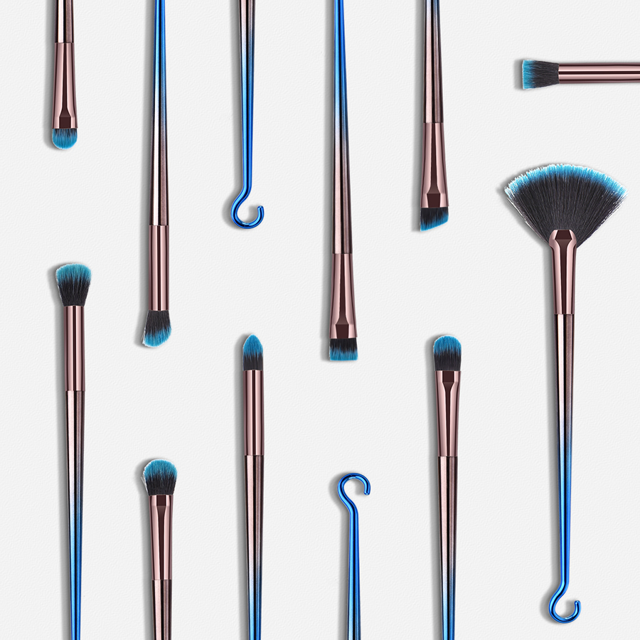 Fashion Blue-black Gradient 10 Round Hook Aluminum Tube Nylon Hair Eye Makeup Brush Set,Beauty tools