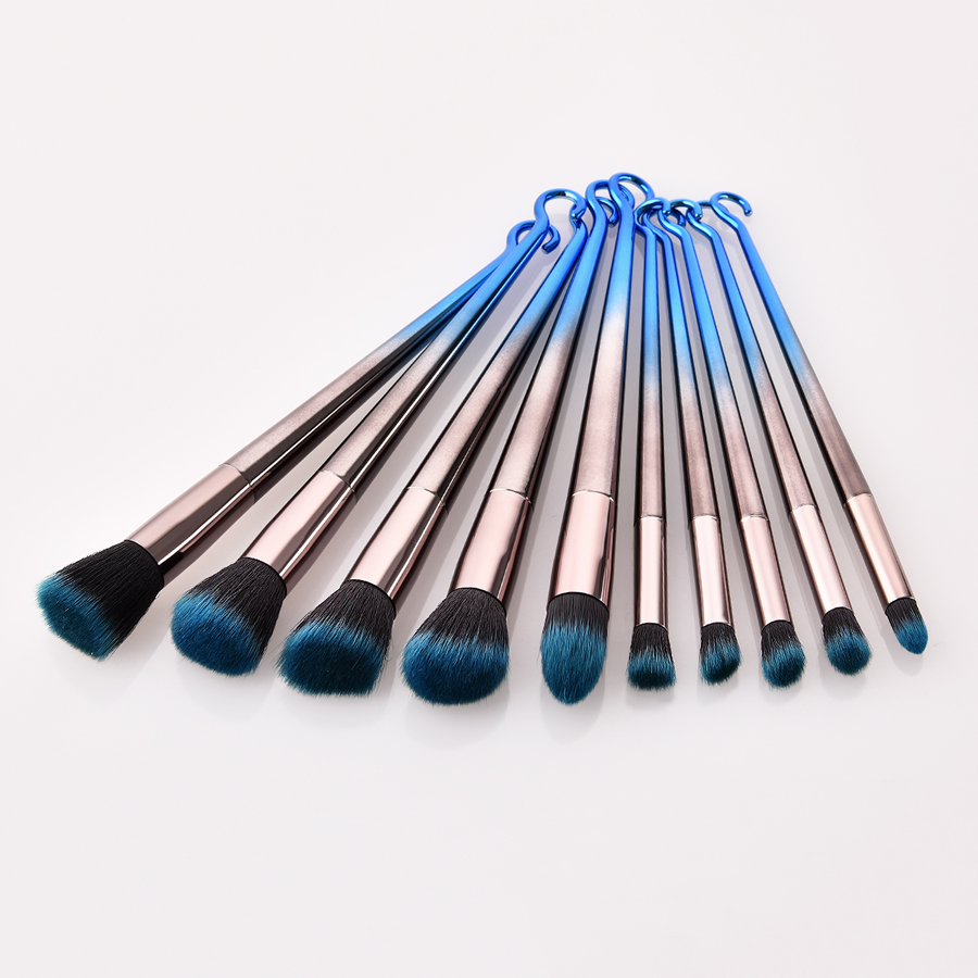 Fashion Blue-black Gradient 10pcs-round Hook Aluminum Tube Nylon Hair Makeup Brush Set,Beauty tools