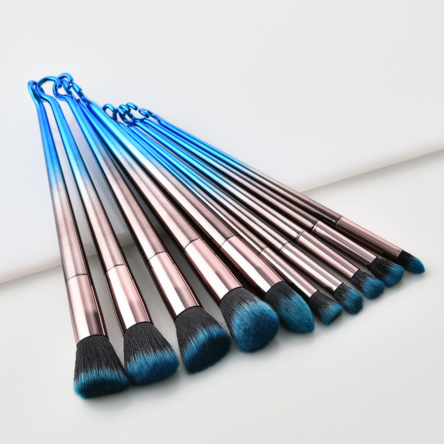 Fashion Blue-black Gradient 10pcs-round Hook Aluminum Tube Nylon Hair Makeup Brush Set,Beauty tools