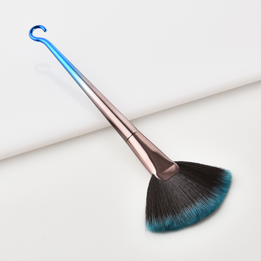 Fashion Blue-black Gradient Single Round Hook Aluminum Tube Nylon Hair Large Fan-shaped Makeup Brush,Beauty tools