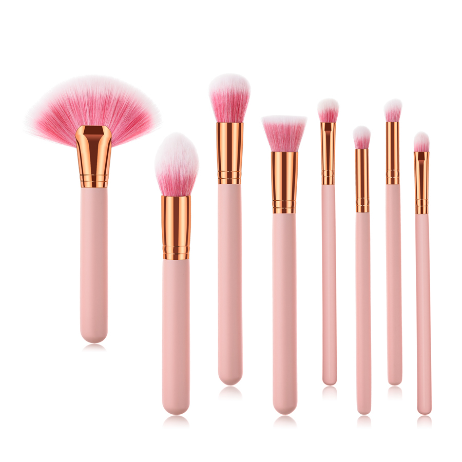 Fashion Pink Pvc8pcs Wooden Handle Aluminum Tube Nylon Hair Big Fan-shaped Makeup Brush Set,Beauty tools