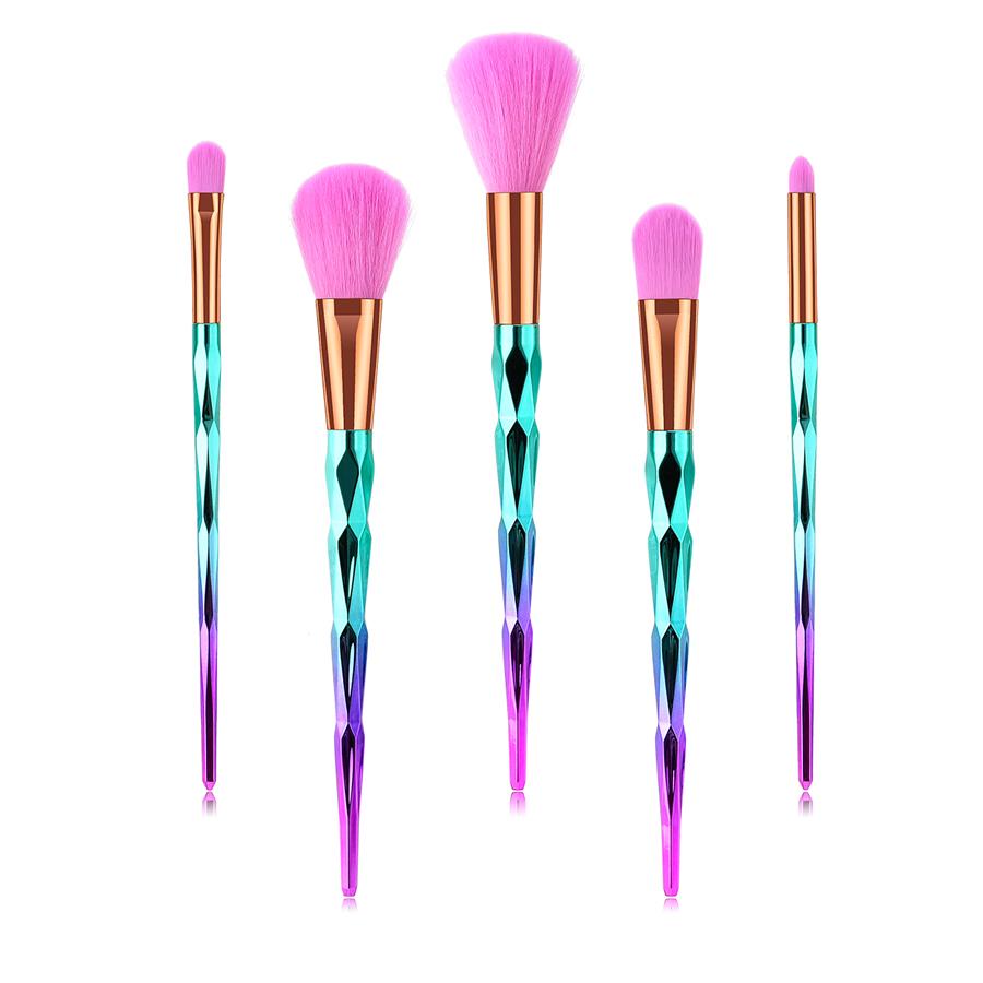 Fashion Pink Blue Gradient 5pcs Diamond Aluminum Tube Nylon Hair Makeup Brush Set,Beauty tools