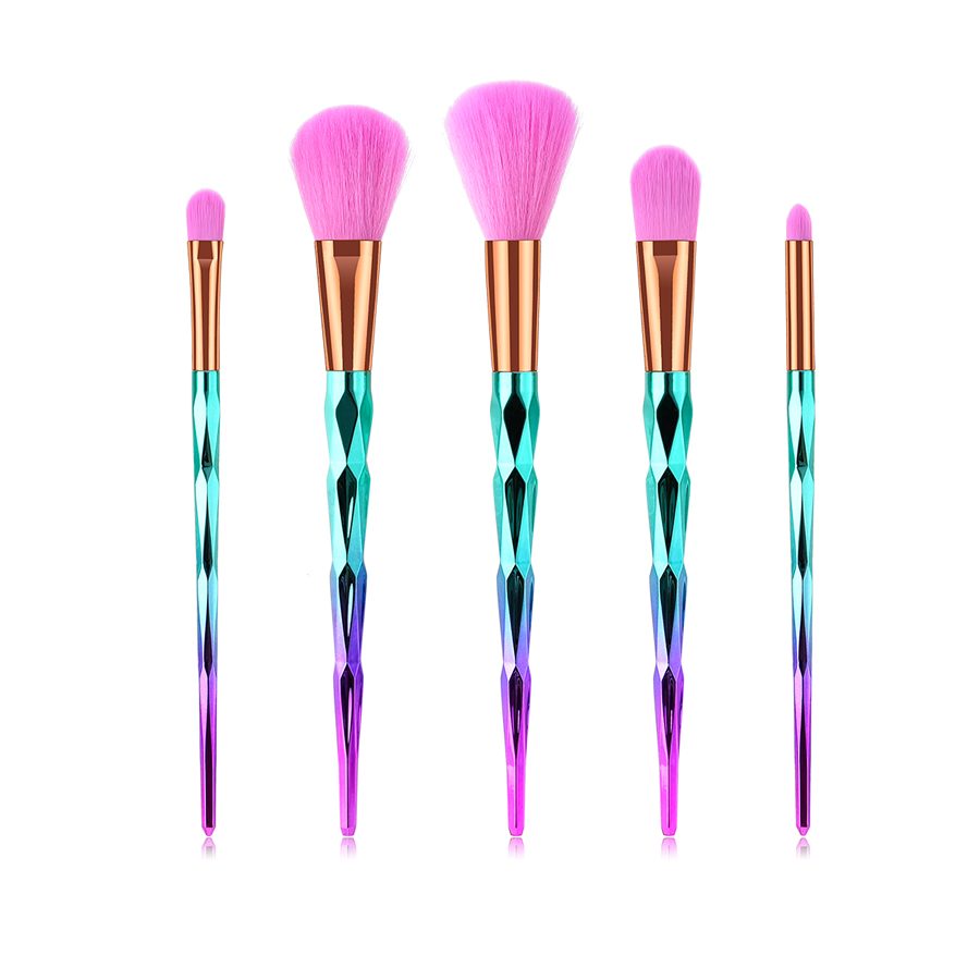 Fashion Pink Blue Gradient 5pcs Diamond Aluminum Tube Nylon Hair Makeup Brush Set,Beauty tools