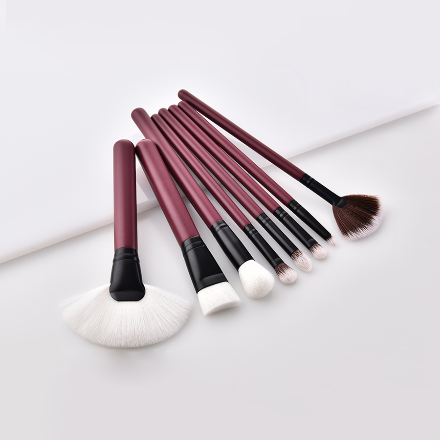 Fashion Maroon Pvc8pcs Wooden Handle Nylon Hair Size Fan-shaped Makeup Brush Set,Beauty tools