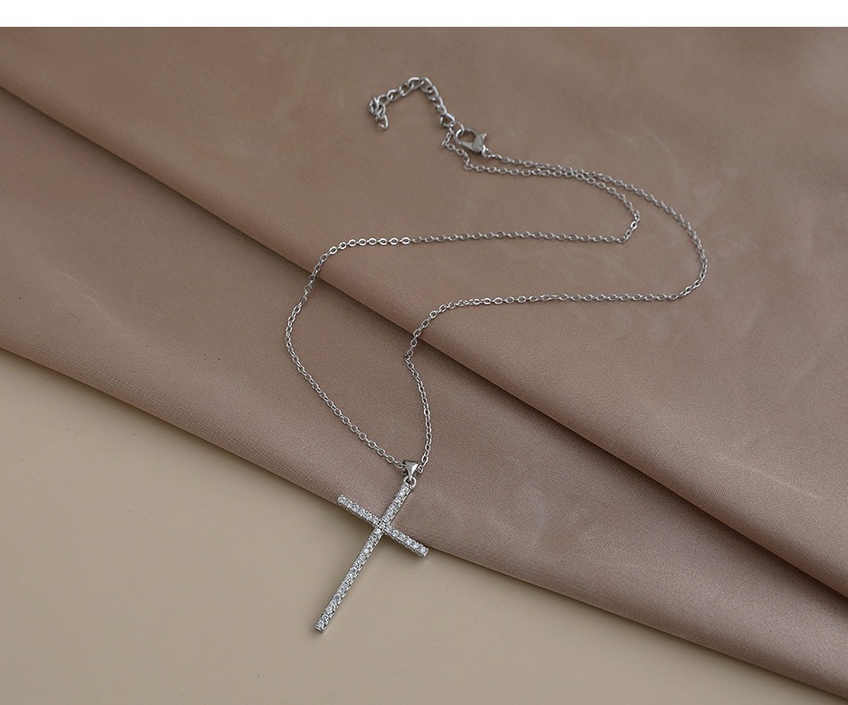 Fashion Silver Copper Inlaid Zircon Cross Necklace,Necklaces