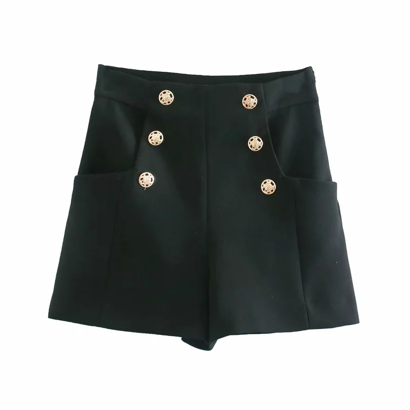 Fashion Black High Waist Double Breasted Panelled Shorts,Shorts
