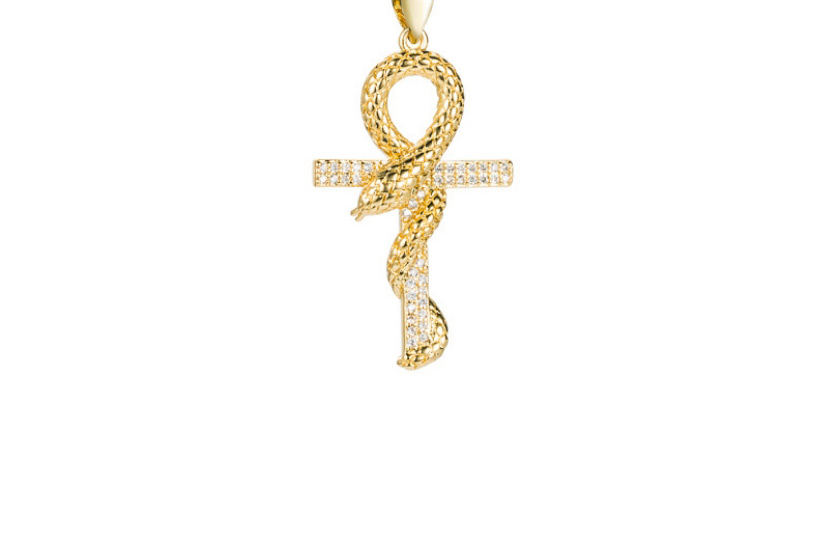 Fashion Golden Snake-shaped Cross Necklace With Copper Micro-inlaid Zircon Pendant,Necklaces