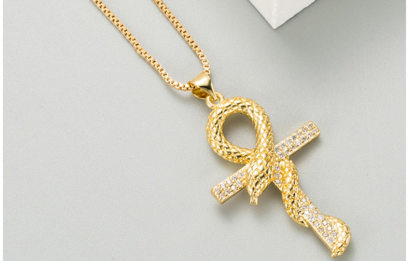 Fashion Golden Snake-shaped Cross Necklace With Copper Micro-inlaid Zircon Pendant,Necklaces