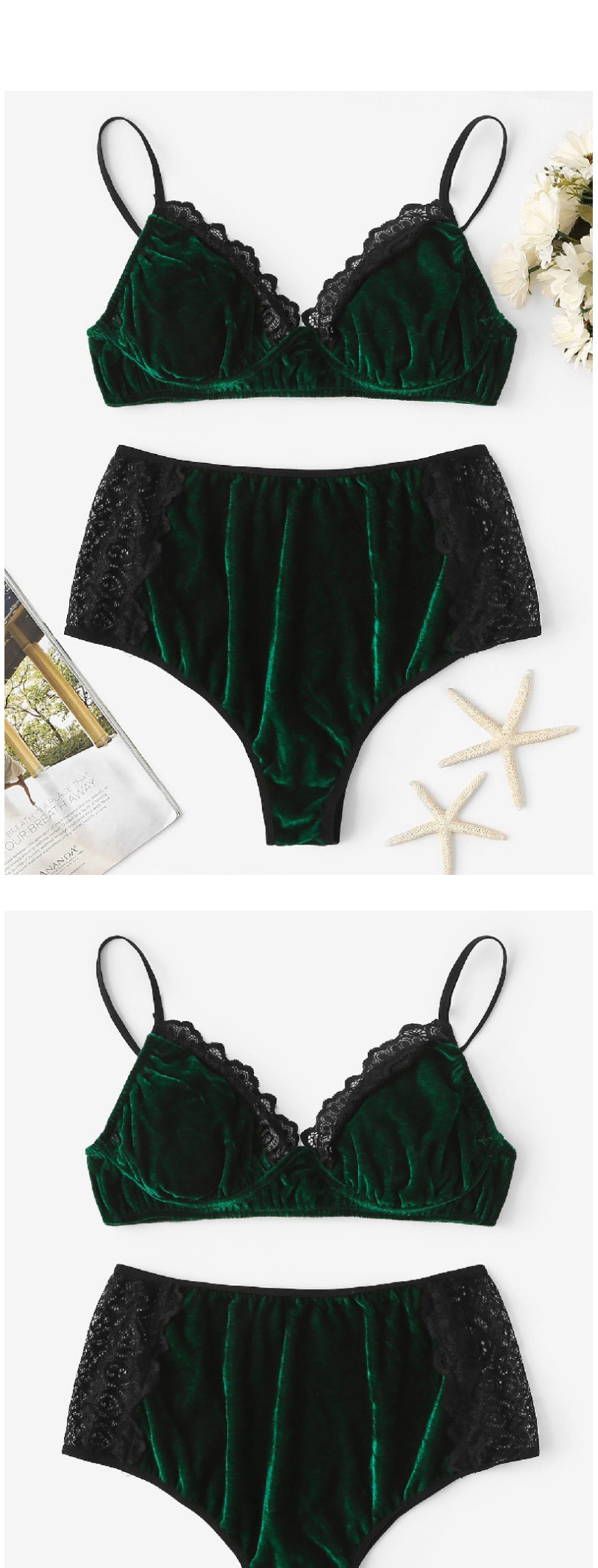 Fashion Green Thin Strap Lace Stitching Gold Velvet Underwear Set,SLEEPWEAR & UNDERWEAR