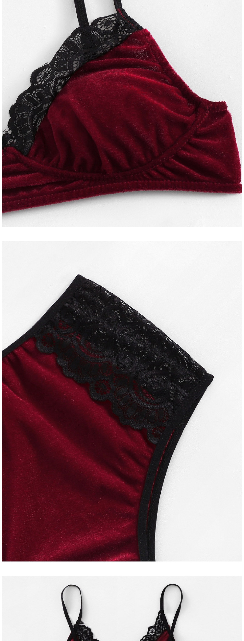 Fashion Red Wine Thin Strap Lace Stitching Gold Velvet Underwear Set,SLEEPWEAR & UNDERWEAR