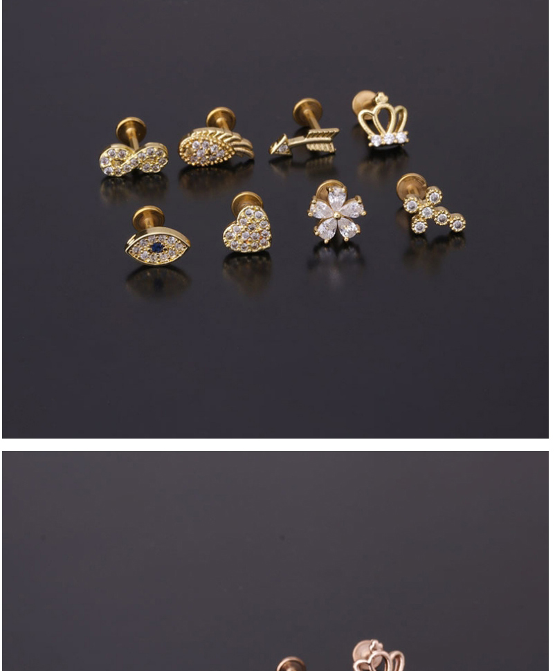 Fashion Gold 5# Stainless Steel Threaded Geometric Flat Bottom Micro-inlaid Zircon Lip Nail,Earrings