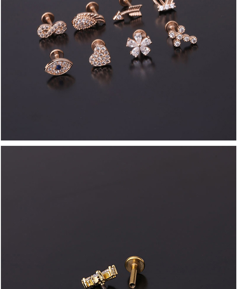 Fashion Rose Gold 8# Stainless Steel Threaded Geometric Flat Bottom Micro-inlaid Zircon Lip Nail (1pcs),Lip Rings