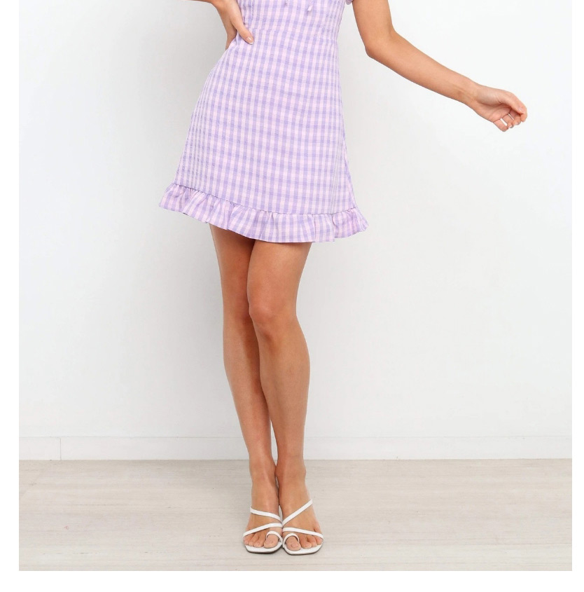 Fashion Purple Square Neck Halter Short Sleeve Printed Pleated Dress,Long Dress