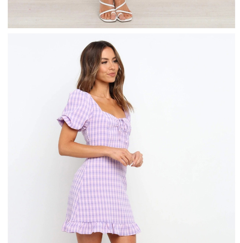 Fashion Purple Square Neck Halter Short Sleeve Printed Pleated Dress,Long Dress
