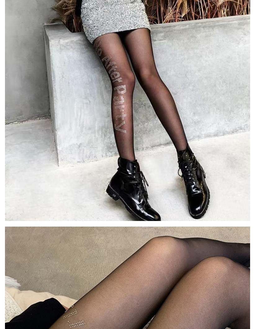 Fashion Aw-flocking Black Silk Printed Flocking Hot Rhinestone Letter Stockings,Tattoo Stockings
